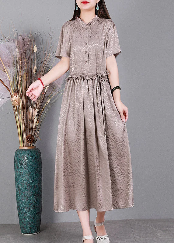 Super Savings mini dress2024 Lotus Root Pink V Neck Button Drawstring Silk Dresses Short Sleeve