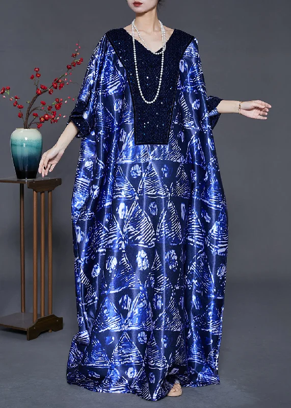 Exclusive Savings floral midi dressFashion Navy Sequins Print Silk Long Dress Batwing Sleeve