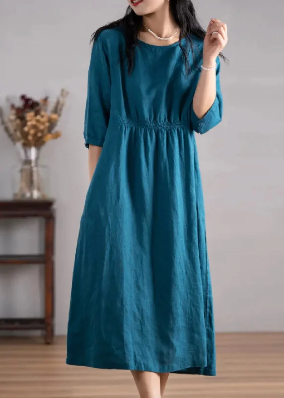 Today Only casual slip dressWomen Blue O Neck Pockets Wrinkled Linen Dresses Summer