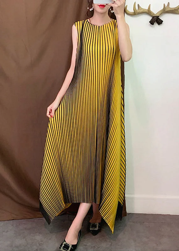 TIME-Limited Offer minimalistic dressClassy Yellow O-Neck Asymmetrical Striped Holiday Dress Sleeveless