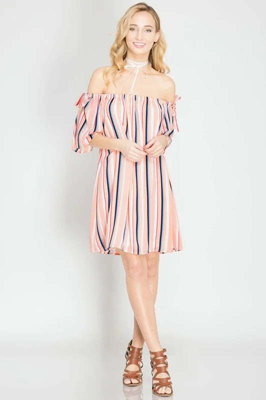 elegant evening dressStriped Off Shoulder Silk Dress