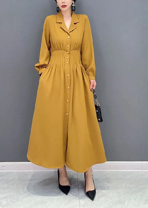 Warehouse Sale puff sleeve dressWomen Yellow Notched Elastic Waist Wrinkled Spandex Long Dress Spring Warehouse Sale puff sleeve dressWomen Yellow Notched Elastic Waist Wrinkled Spandex Long Dress Spring