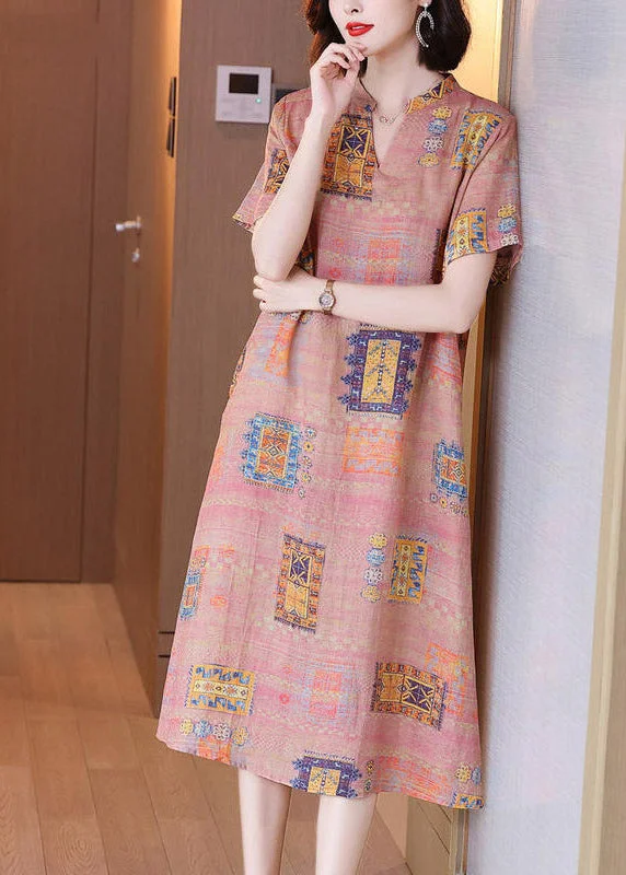 Special Price party-ready dressElegant V Neck Print Linen Long Dresses Short Sleeve