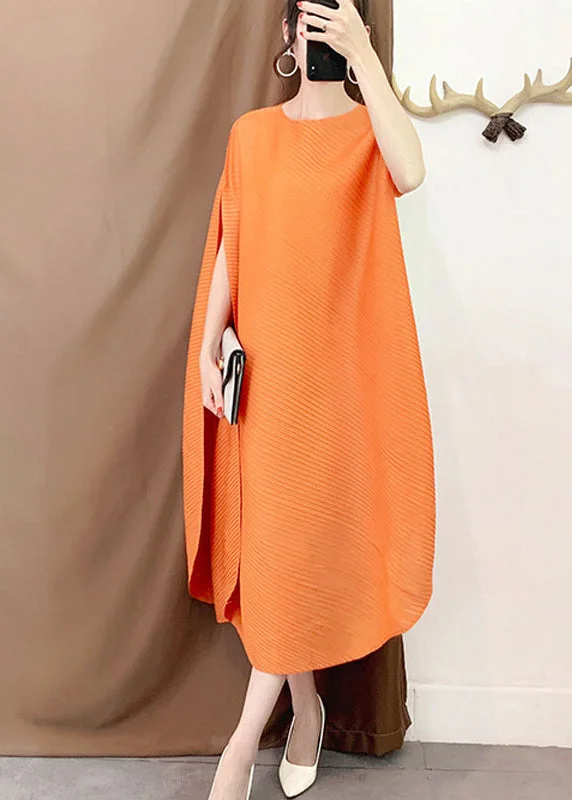 Take Advantage flowy evening dressVintage Orange O-Neck Asymmetrical Striped Long Dress Short Sleeve