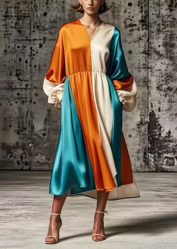 winter dressPlus Size Orange Oversized Patchwork Silk Vacation Dresses Spring