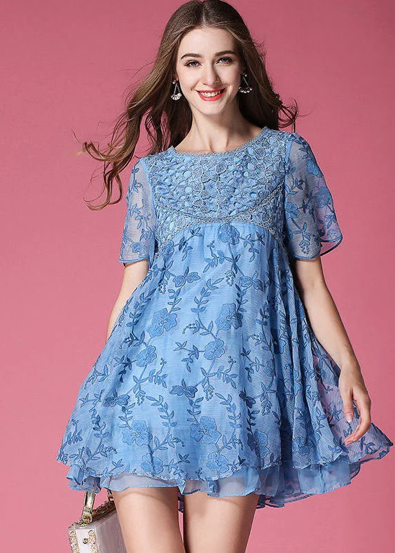 cocktail dressModern Blue O-Neck Embroideried Organza Dresses Summer