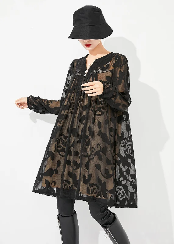 Special Savings off-shoulder dressDIY Black Print Hollow Out Tulle Mid Dress Summer