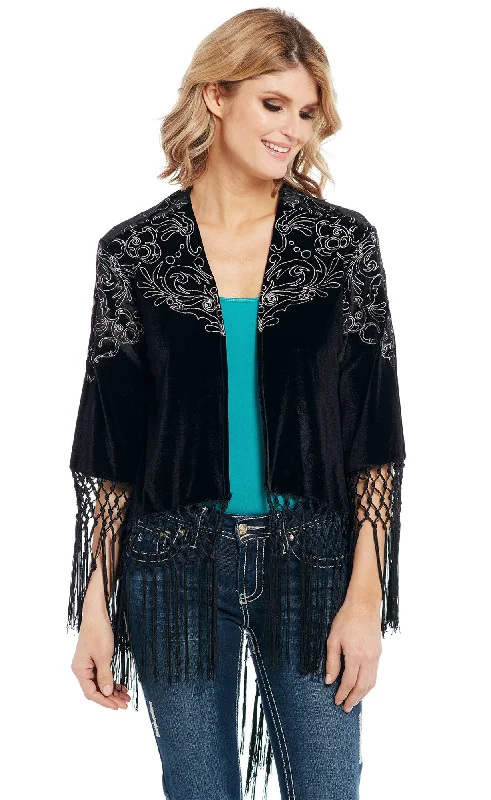 warm outerwearCowgirl Up Womens Black Polyester Velvet Wrap Cardigan S/S