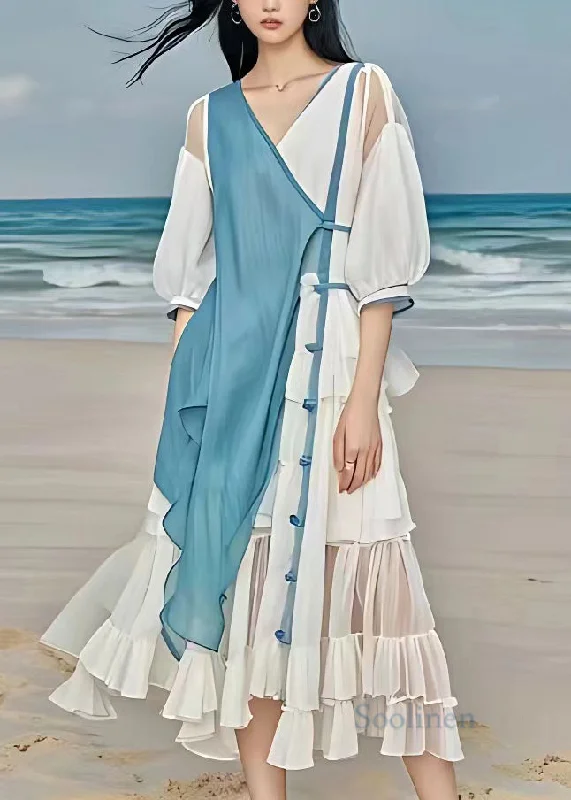 Savings Galore trendy mini dressNatural White Patchwork Tie Waist Vacation Chiffon Maxi Dresses Half Sleeve