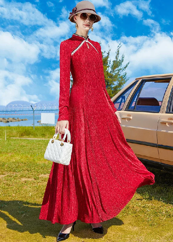 Price Slash floral midi dressVintage Red Mandarin Collar Exra Large Hem Holiday Dress Spring