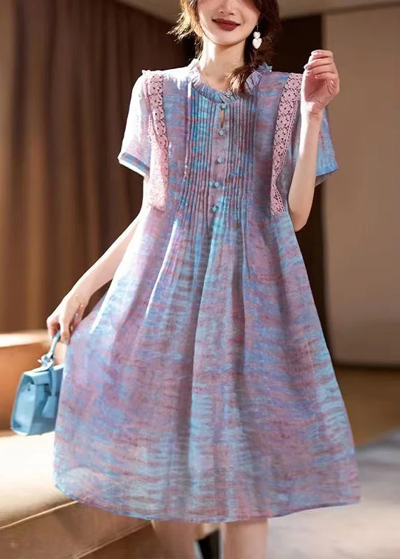 Season Finale Sale high-waisted dressElegant Pink Ruffled Print Chiffon Long Dress Short Sleeve