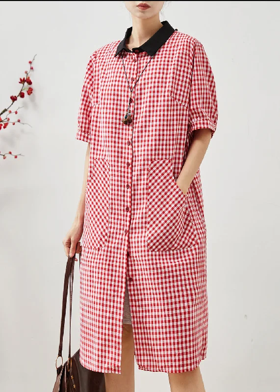 Inventory Reduction cocktail party dressUnique Red Peter Pan Collar Plaid Linen Dresses Summer Inventory Reduction cocktail party dressUnique Red Peter Pan Collar Plaid Linen Dresses Summer