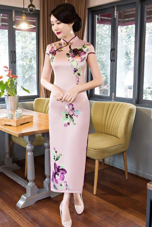 flowy maxi dressFloral Print Long Qipao Dress