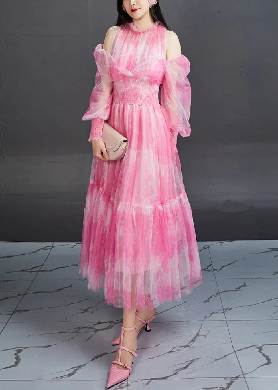 Huge Savings elegant evening dressStylish Pink Ruffled Print Elastic Waist Tulle Long Dresses Fall Huge Savings elegant evening dressStylish Pink Ruffled Print Elastic Waist Tulle Long Dresses Fall