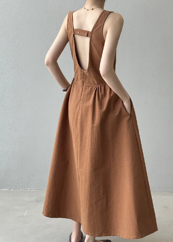 office dressFrench Orange U Neck Backless Cotton Long Dresses Sleeveless