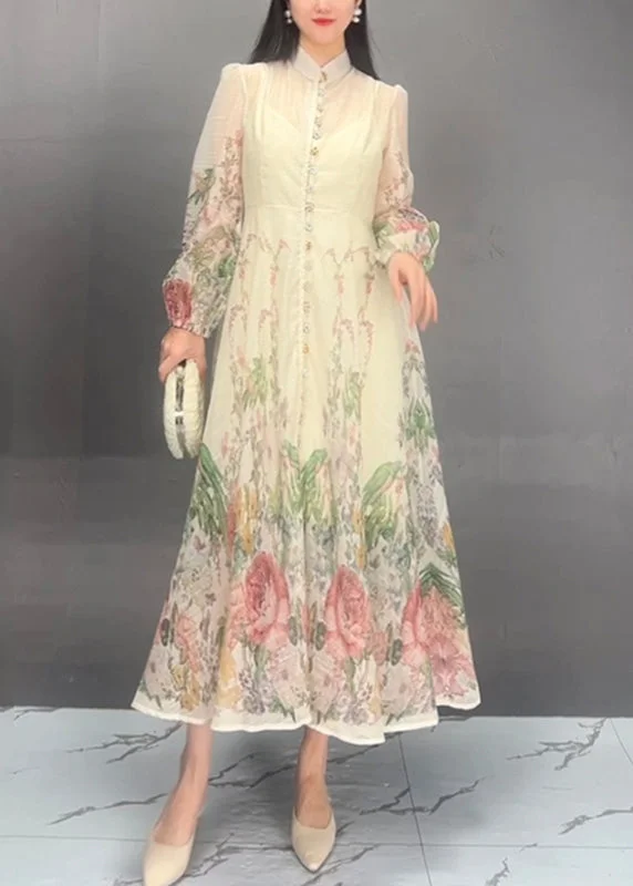 floral dressNatural Beige Stand Collar Print Silk Long Dresses Spring