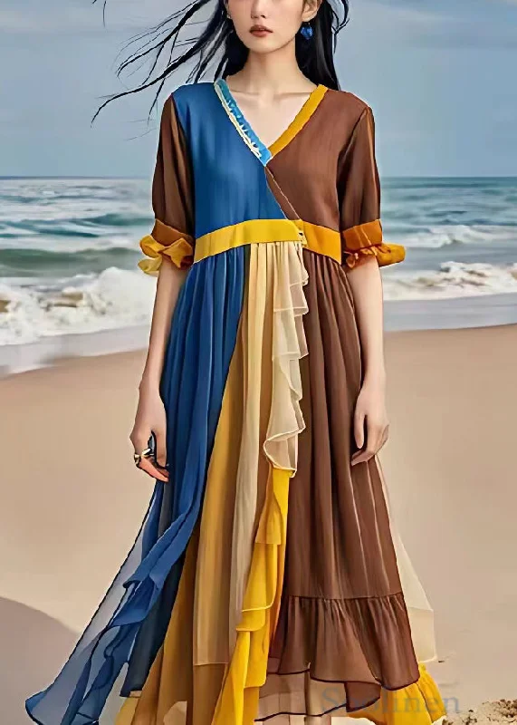 Time-Limited Offer casual evening dressOriginal Blue V Neck Wrinkled Patchwork Chiffon Long Dresses Summer Time-Limited Offer casual evening dressOriginal Blue V Neck Wrinkled Patchwork Chiffon Long Dresses Summer