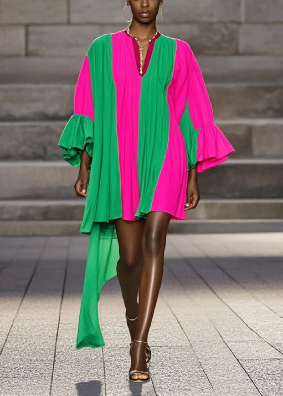 Can't Miss party-ready dressFine Colorblock Asymmetrical Patchwork Cotton Mini Dresses Flare Sleeve