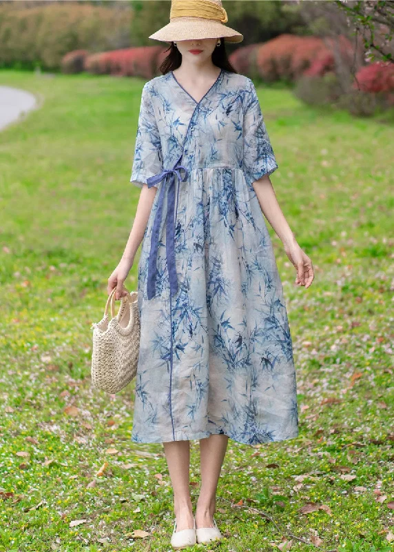 Deal of the Week comfy dressVintage Light Blue V Neck Print Tie Waist Linen Holiday Dress Half Sleeve