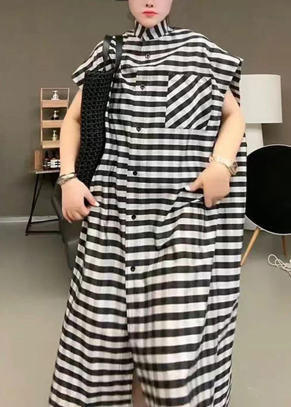 Price Cut printed dressCasual Black Striped Stand Collar Button Maxi Dress Short Sleeve