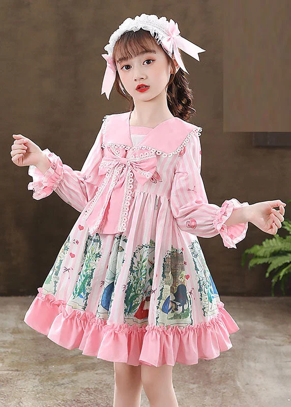 comfy dressCute Pink Print Ruffled Patchwork Bow Girls Mid Dresses Fall