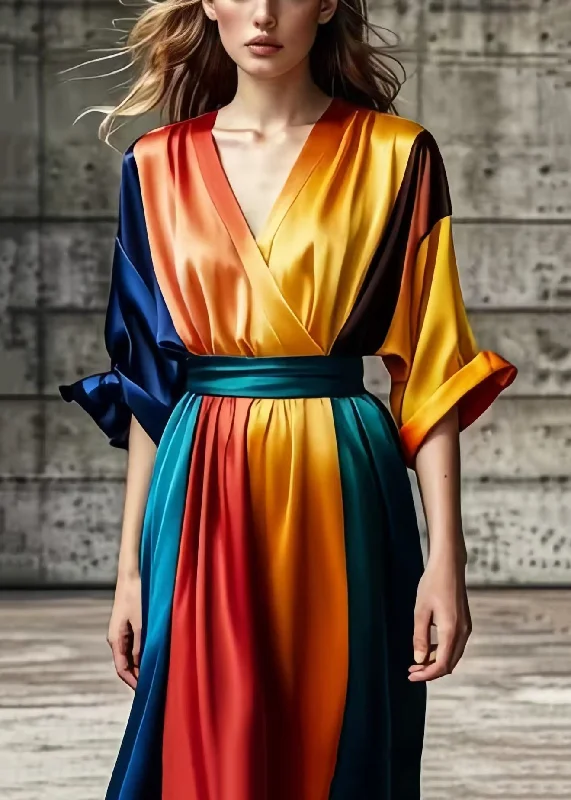 flowy evening dressWomen Colorblock V Neck Tie Dye Silk Vestidos Dresses Summer