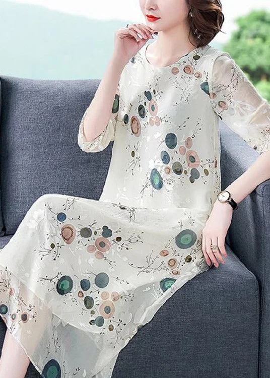 Markdowns casual evening dressLoose White O-Neck Print Silk Holiday Dress Half Sleeve