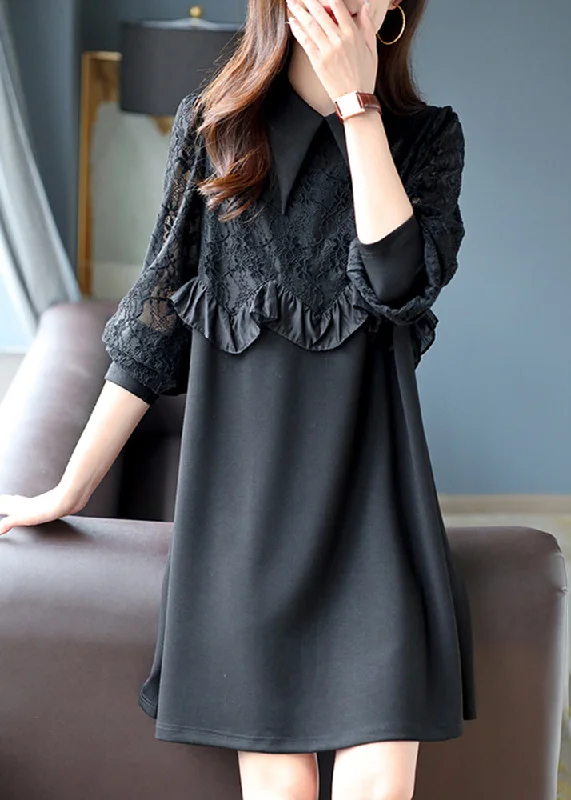 puff sleeve dressArt Black Peter Pan Collar Ruffled Lace Patchwork Mid Dress Top Fall