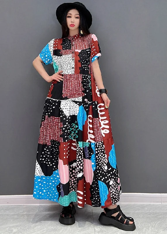 Clearance Sale minimalistic dressElegant O-Neck Print Button Long Dresses Short Sleeve