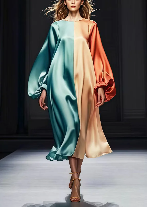 ruffle dressChic Colorblock Oversized Patchwork Silk Dress Lantern Sleeve