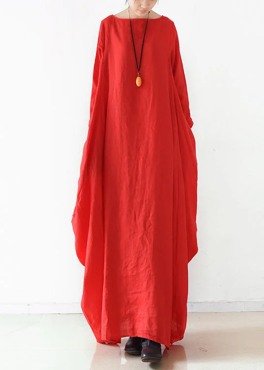 YEAR-End Clearance A-line dressLoose Red Slash Neck Linen Maxi Dress Long Sleeve