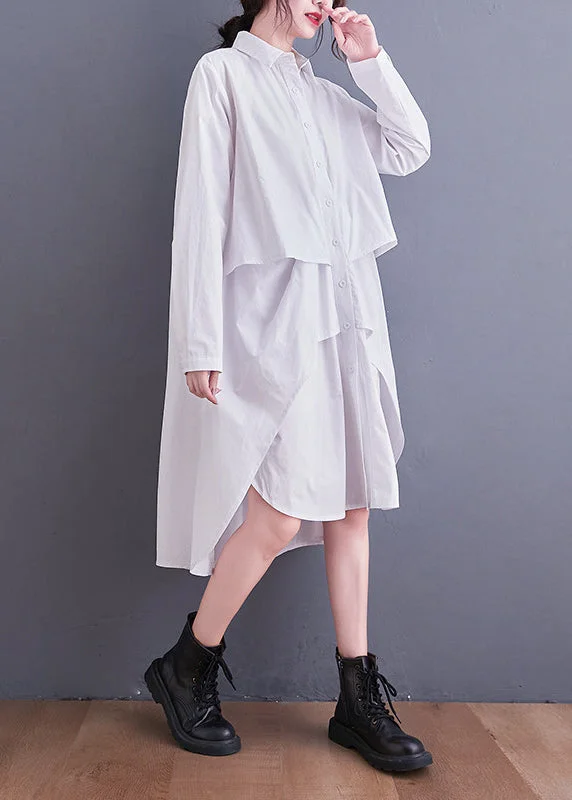 long-sleeve floral dressWhite Button Patchwork Cotton Shirts Dresses Asymmetrical Long Sleeve