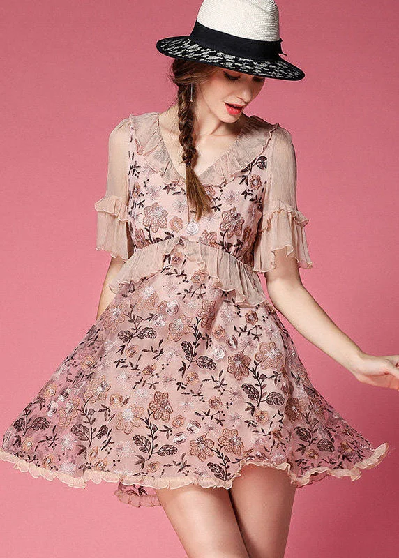 party-ready dressPink Patchwork Tulle Mini Dress V Neck Ruffled Embroideried Short Sleeve