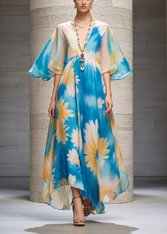 Big Savings casual slip dressCasual Blue V Neck Print Chiffon Long Dress Summer