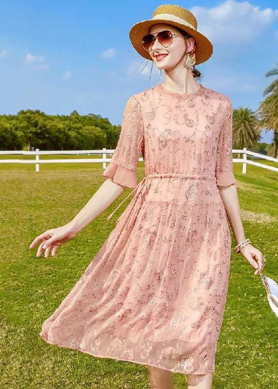 Exclusive Savings flowy evening dressWomen Pink Ruffled Embroideried Tie Waist Silk Cinch Dress Half Sleeve
