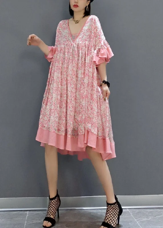 off-shoulder dressFrench Pink Print Exra Large Hem Chiffon Mid Dress Summer