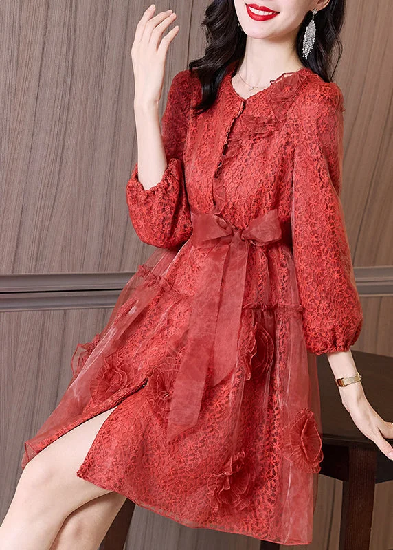 trendy dressBoutique Brick Red Ruffled Bow Patchwork Tulle Mid Dress Fall