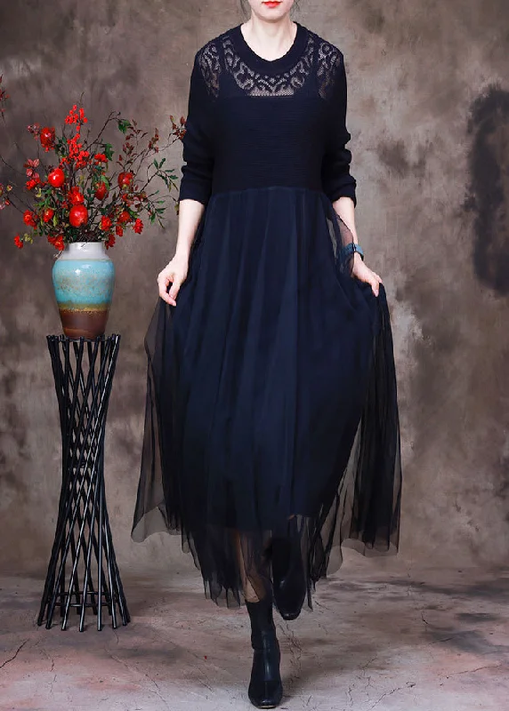 Savings Alert off-shoulder dressBlack O-Neck Hollow Out Knit Dress Long Sleeve