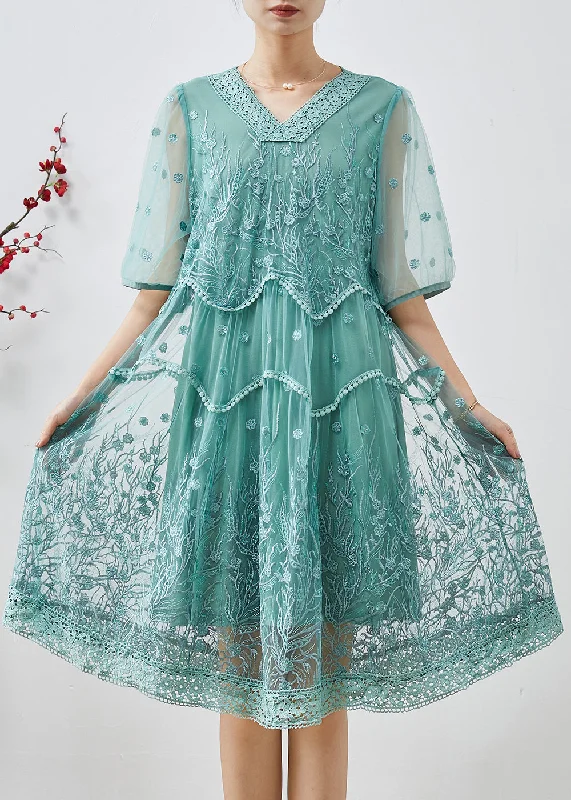 Mega Deal denim dressGreen Tulle Dress V Neck Embroidered Summer