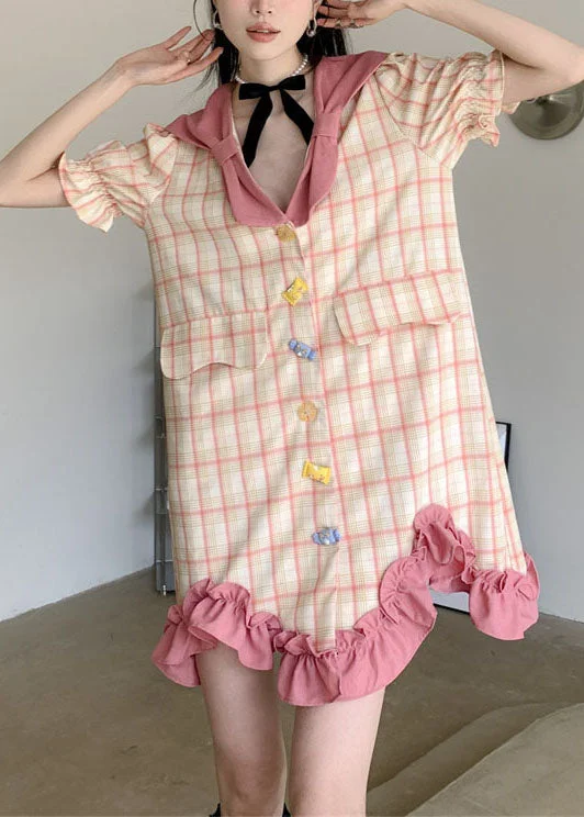 classic fit-and-flare dressStylish Colorblock Plaid Ruffled Patchwork Cotton Mid Dress Summer