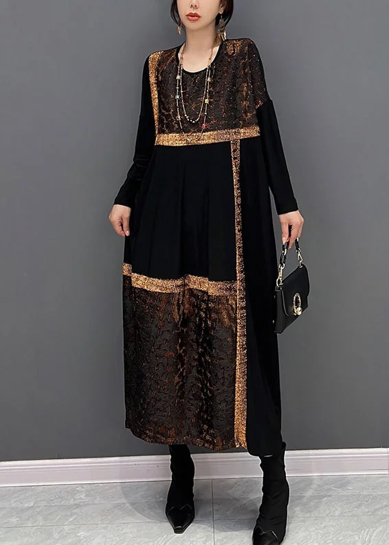 Stock Clearance denim dressFashion Black O-Neck Print Patchwork Maxi Dresses Fall