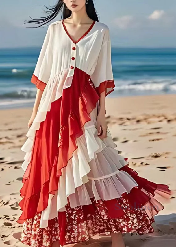 YEAR-End Clearance playful dressChic White V Neck Ruffled Patchwork Wrinkled Chiffon Maxi Dress Summer YEAR-End Clearance playful dressChic White V Neck Ruffled Patchwork Wrinkled Chiffon Maxi Dress Summer