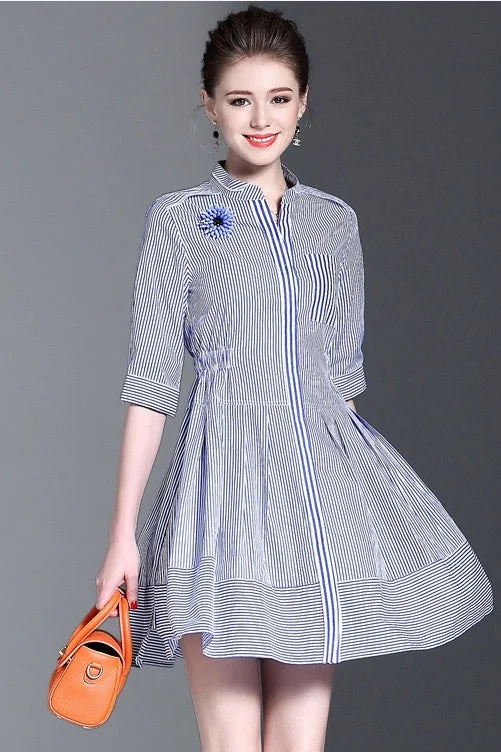 trendy mini dressBlue White Stripe Dress W/ SD Flower