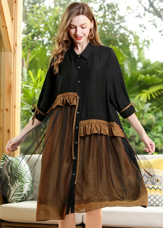 high-waisted dressBlack Patchwork Tulle Holiday Dress Peter Pan Collar Ruffles Half Sleeve