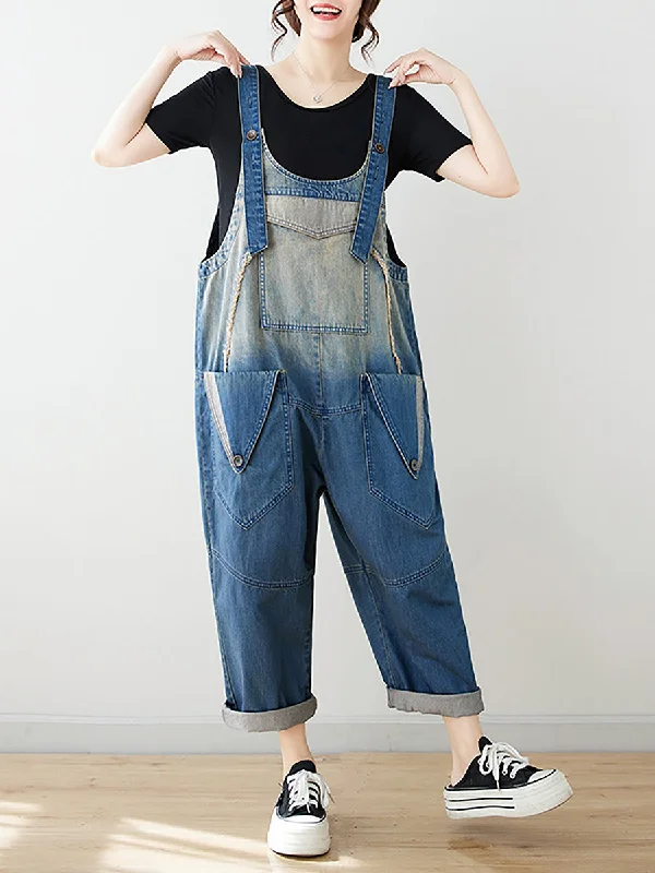 Great Deals Women Summer Artsy Spliced Washed Denim Jumpsuits AS1050
