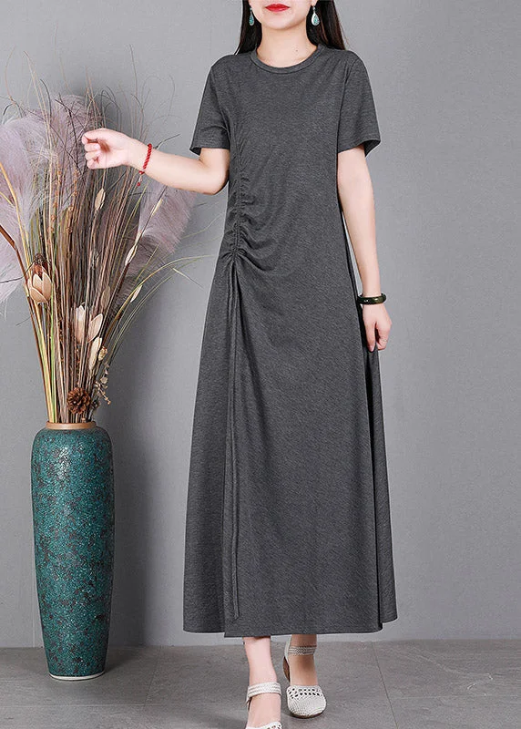 Great Bargains ruffle dressSlim Fit Grey O-Neck Cotton Long Dresses Short Sleeve