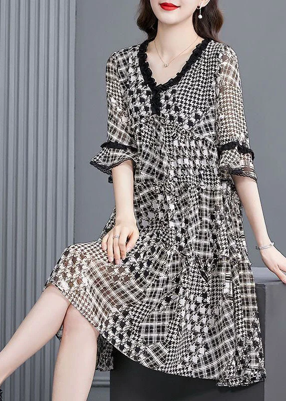 pleated maxi dressWomen Black Ruffled Patchwork Print Exra Large Hem Chiffon Dresses Half Sleeve