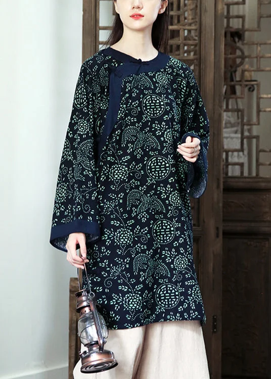 Huge Discounts flowy dressCasual Navy Print  Button Patchwork Cotton Mid Dress Fall