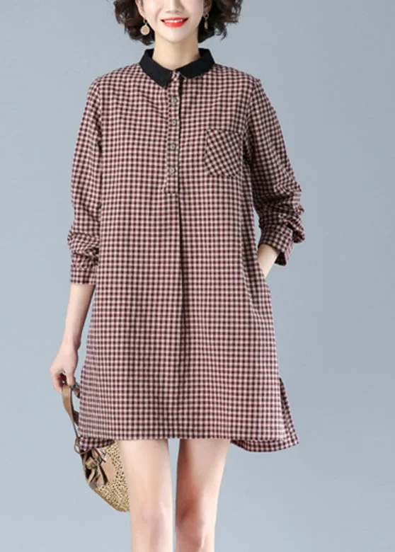 stylish dressRed Plaid Peter Pan Collar Button Cotton Mid Dress Fall