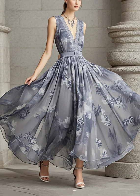Crazy Deals pleated maxi dressGrey Print Chiffon Long Dress Cinched Exra Large Hem Summer